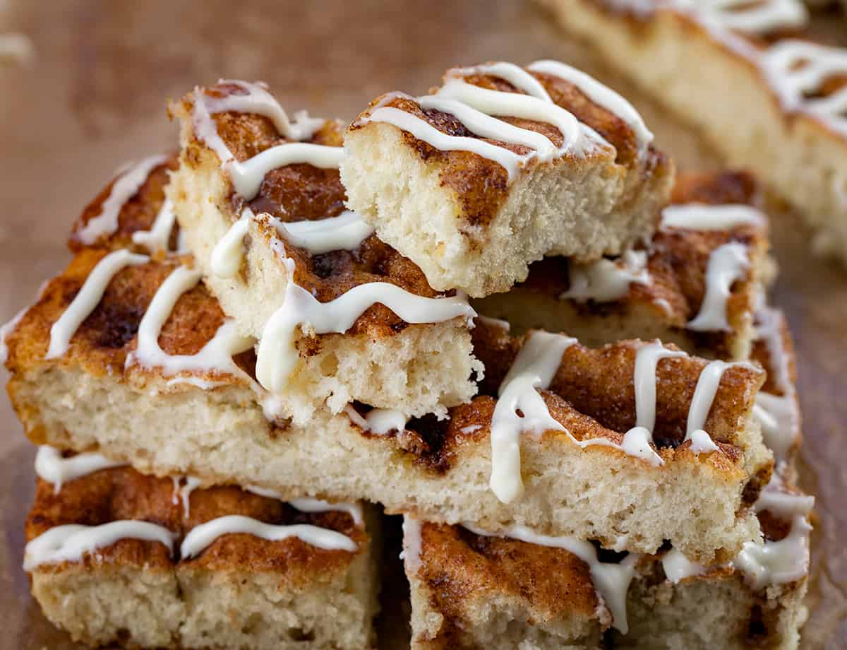 Cinnamon Roll Focaccia sticks stacked showing inside texture.