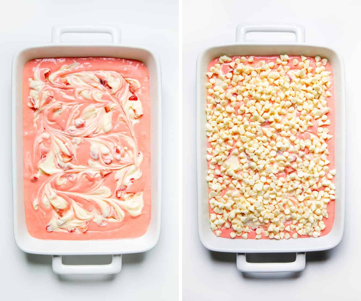 Steps for making a Strawberry Earthquake Cake with raw batter in the pan and then white chocolate chips on it.