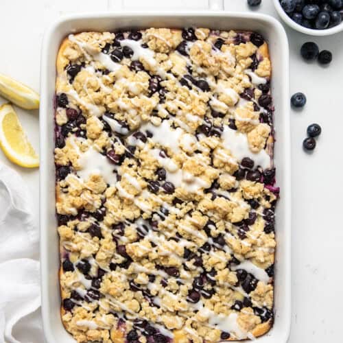 Pan pf Lemon Blueberry Pie Bars on a white counter from overhead.