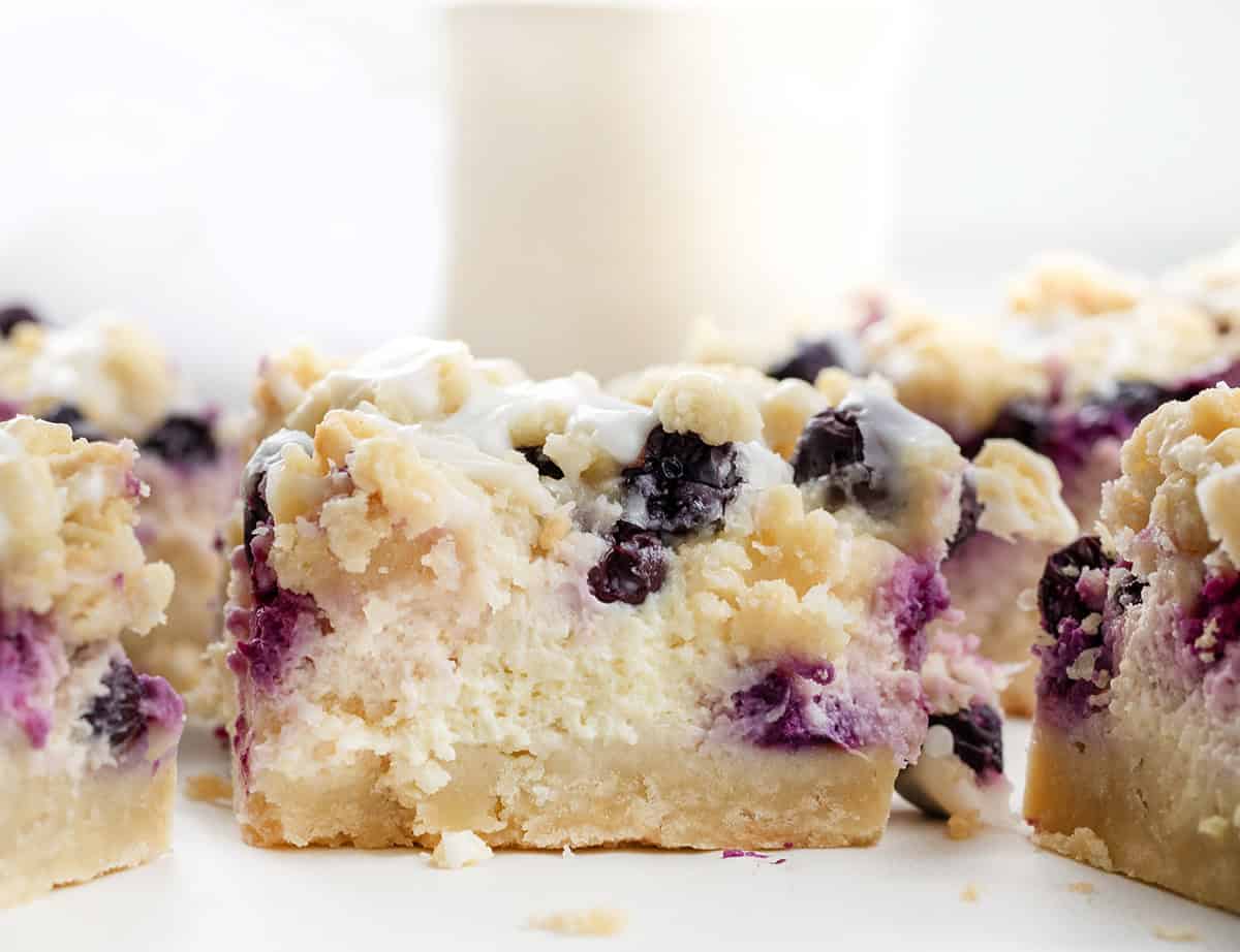 Lemon Blueberry Pie Bars on a white counter close up.