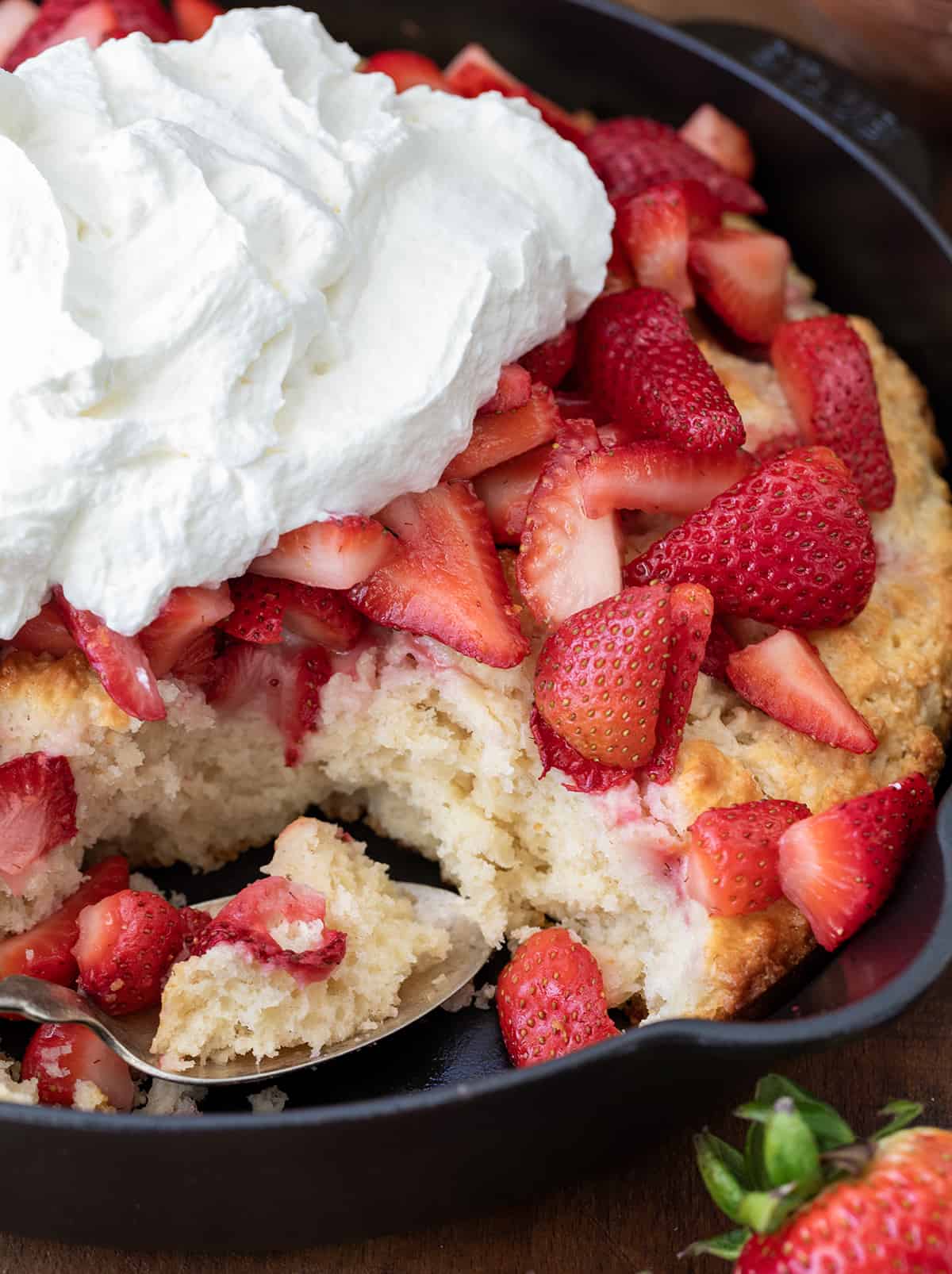 Close up of the inside of Skillet Strawberry Shortcake showing tender texture.
