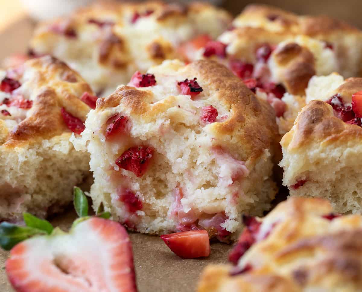 Inside texture of Strawberry Butter Swim Biscuits on a table.