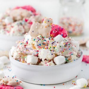 Bowl of Circus Cookie Salad Fluff on a white counter with rainbow non perils and mini marshmallows all around.