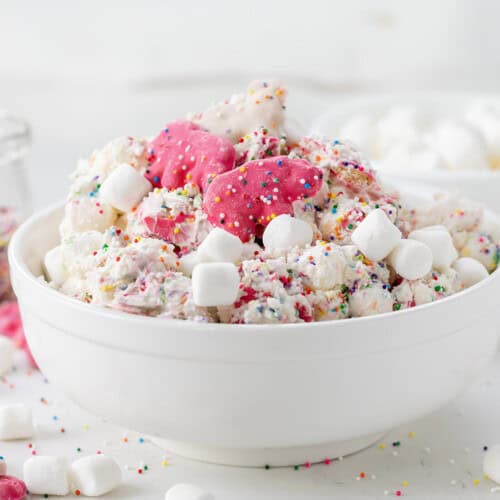 Bowl of Circus Cookie Salad Fluff on a white counter with rainbow non perils and mini marshmallows all around.