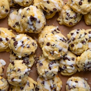 Orange Chocolate Chip Ricotta Cookies on a wooden table from overhead.