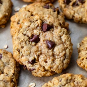 Close up of Brown Butter Oatmeal Chocolate Chip Cookies.