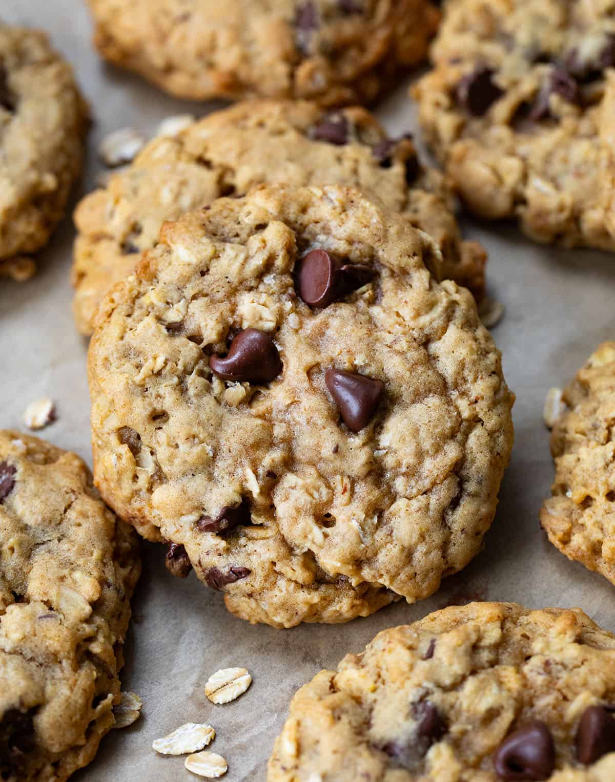 Close up of Brown Butter Oatmeal Chocolate Chip Cookies.