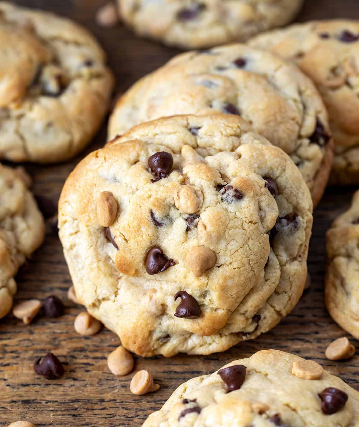 Close up of Thick and Chewy Peanut Butter Chocolate Chip Cookie.