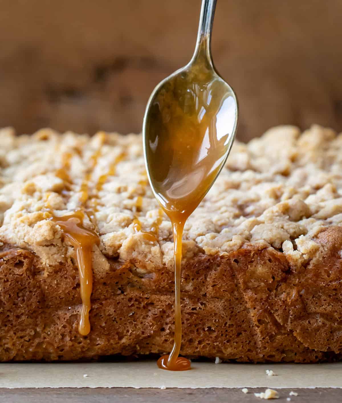 Drizzle caramel over apple crumb cake.