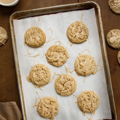 Tray of Maple Brown Sugar Cookies on a wooden table from overhead.