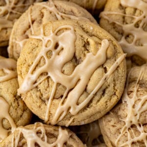 Close up of Maple Brown Sugar Cookies showing texture and maple glaze.