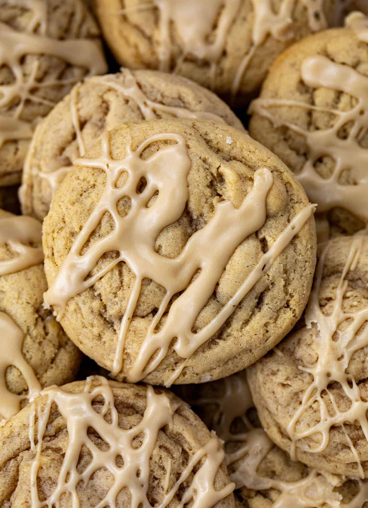 Close up of Maple Brown Sugar Cookies showing texture and maple glaze.