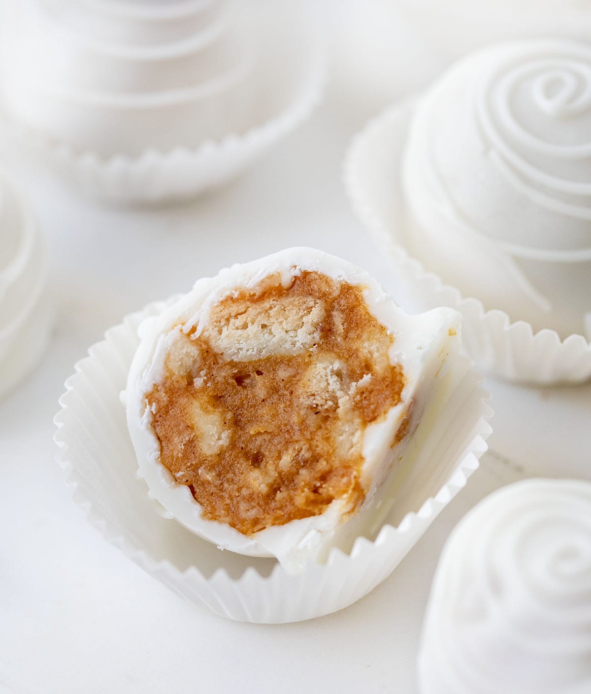 Cut in half Pumpkin Truffle showing inside texture.