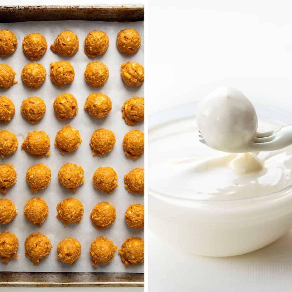 Steps for making pumpkin truffles with filling and coating.