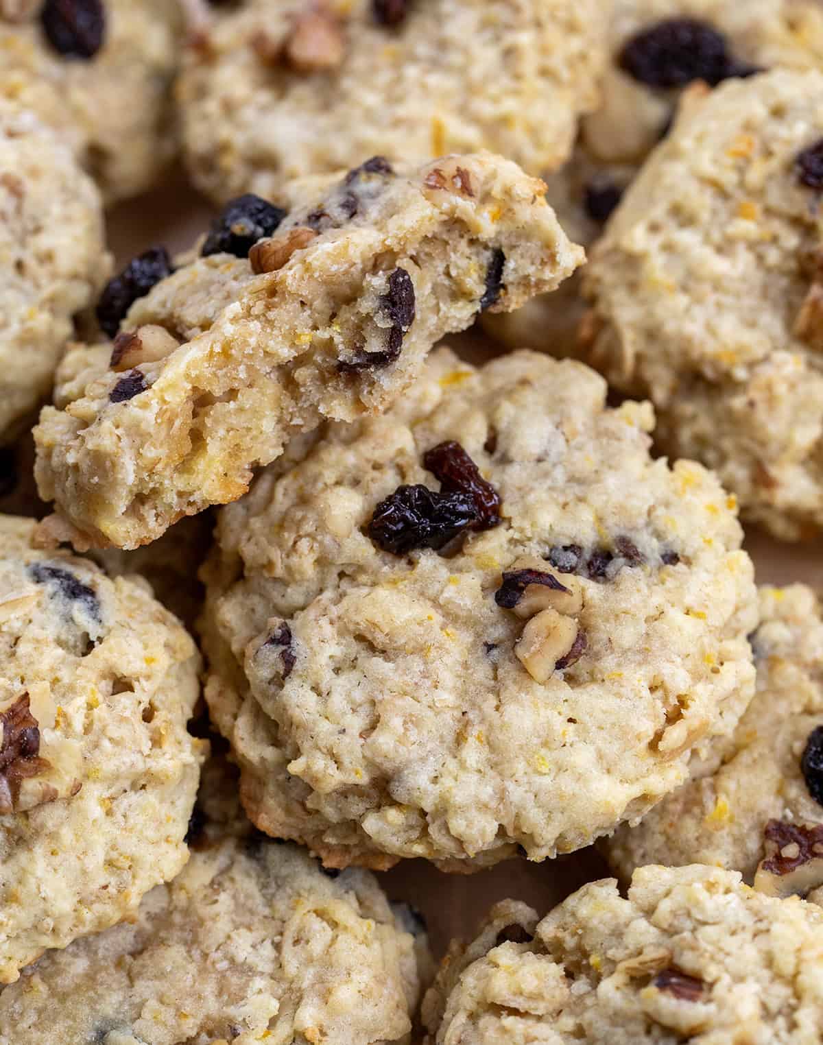 Very close up of School Day Cookies with one cookie halved showing inside texture.