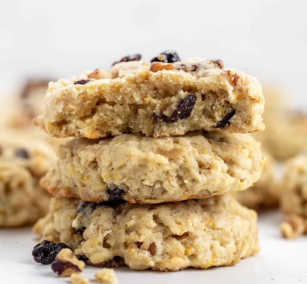 Stack of School Day Cookies with top cookie halved showing inside texture.