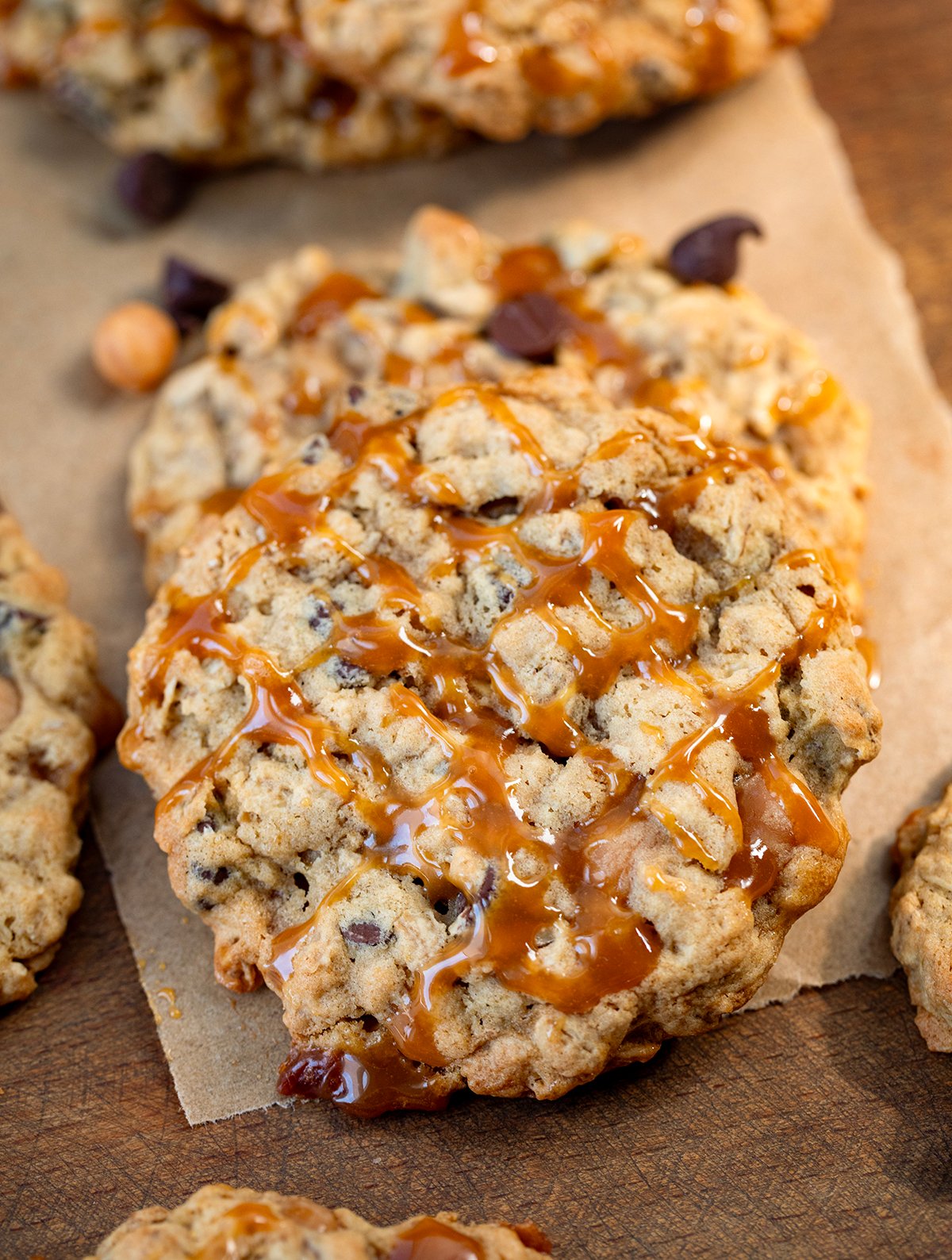 Close up of Carmelita Cookies on a wooden table.