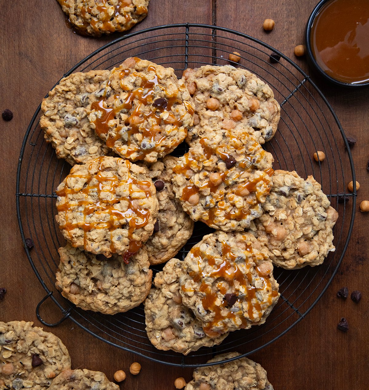 Carmelita Cookies on a cooling rack on a wooden table from overhead. 