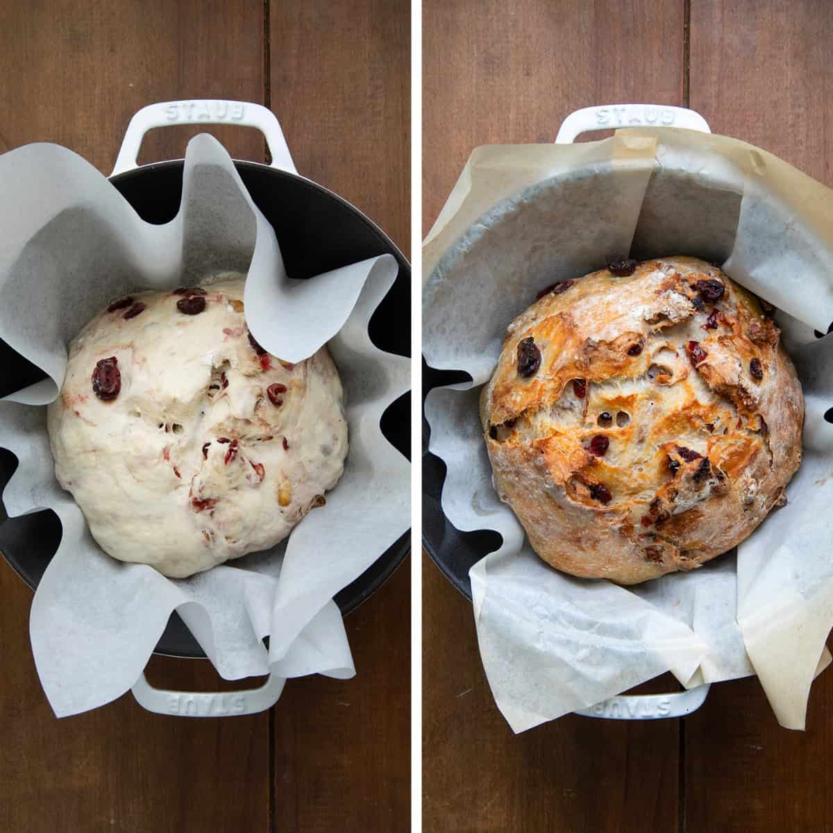 Cranberry Walnut Bread before baking and after in a side by side picture.