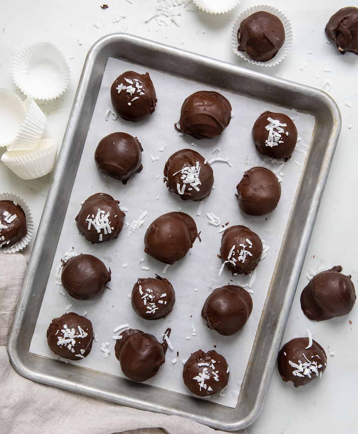 Tray of Martha Washington Candy on a white table with candies around. 