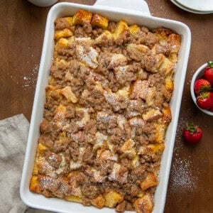 Overnight French Toast Casserole on a wooden table fro overhead.