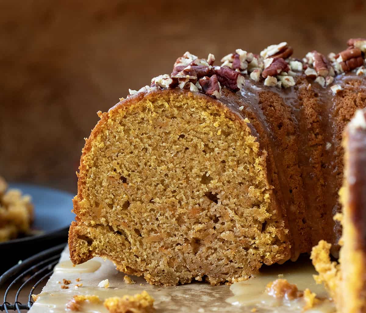 Cut into Sweet Potato Pound Cake showing inside texture.