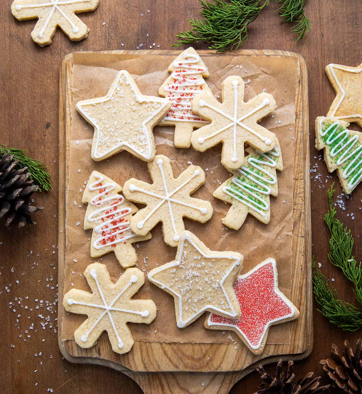 Brown Butter Cut-Out Sugar Cookies decorated for Christmas.