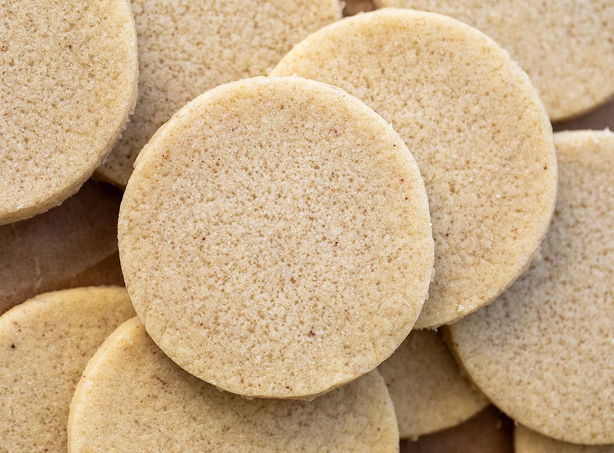 Close up of Brown Butter Cut-Out Sugar Cookies showing the browned butter flacks in the cookie.