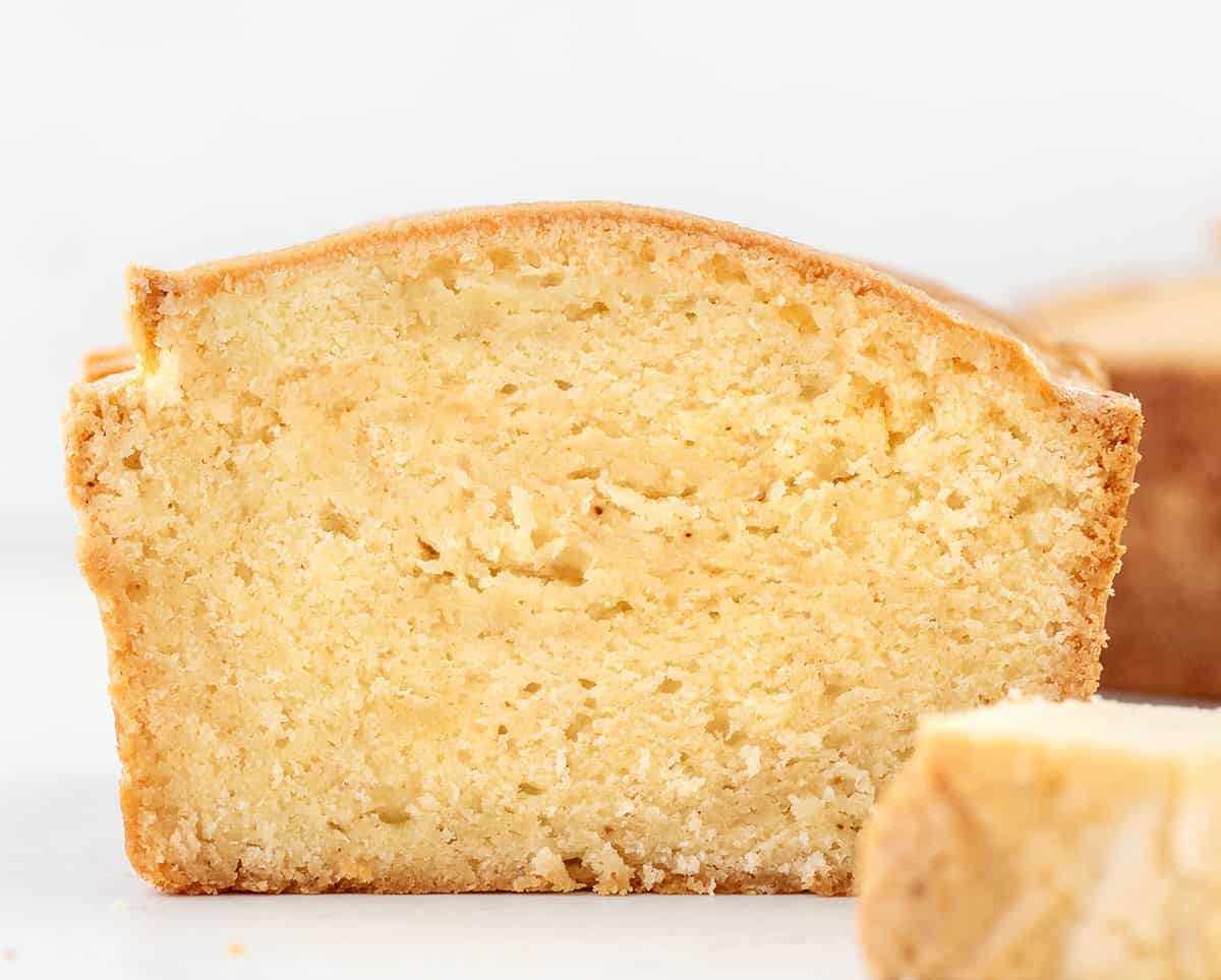 Close up of cut into loaf of Brown Butter Pound Cake.