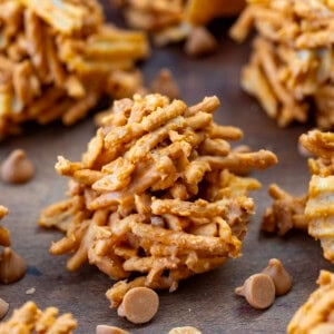 Butterscotch Haystacks on a table with butterscotch chips.