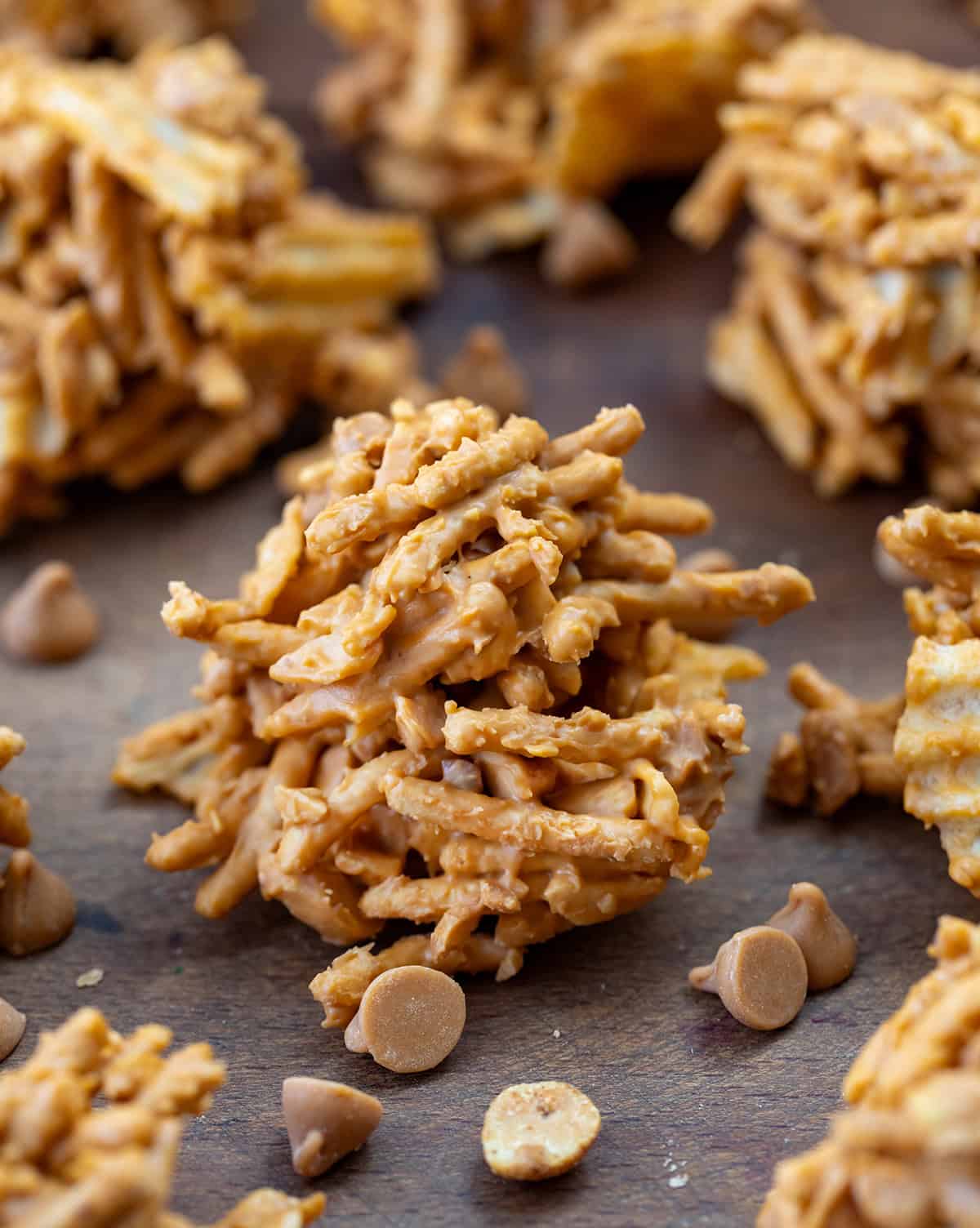 Butterscotch Haystacks on a table with butterscotch chips.