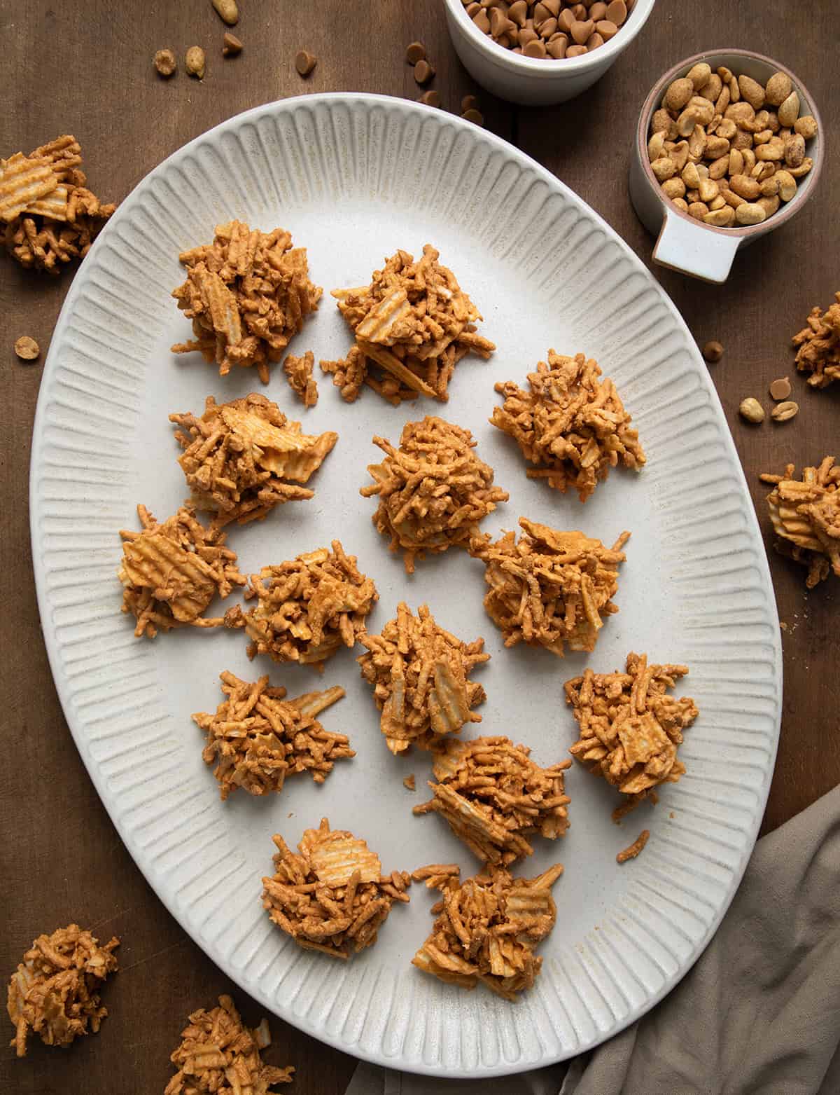 Tray of Butterscotch Haystacks on a wooden table from overhead.