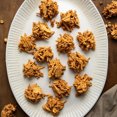 Tray of Butterscotch Haystacks on a wooden table from overhead.