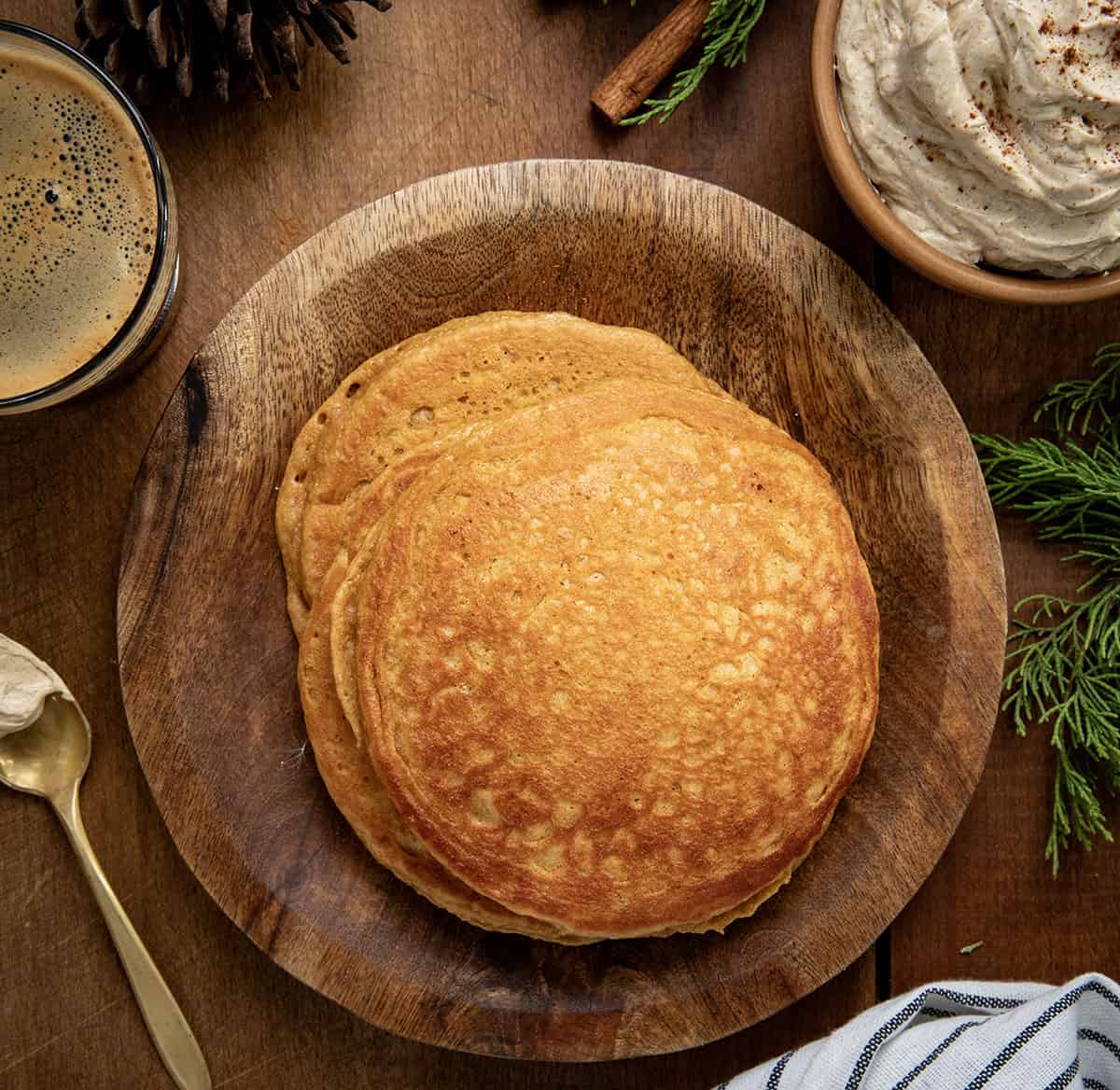 Plain Gingerbread Pancakes showing the rich spice color from overhead.