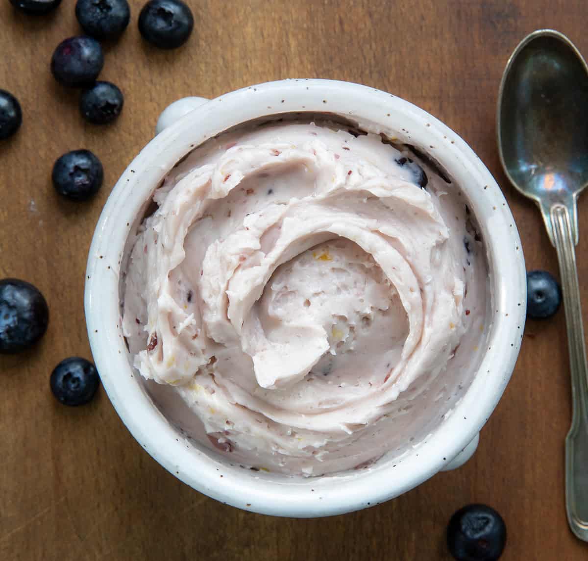 Looking down on a Close up of the smooth texture of Lemon Blueberry Butter.