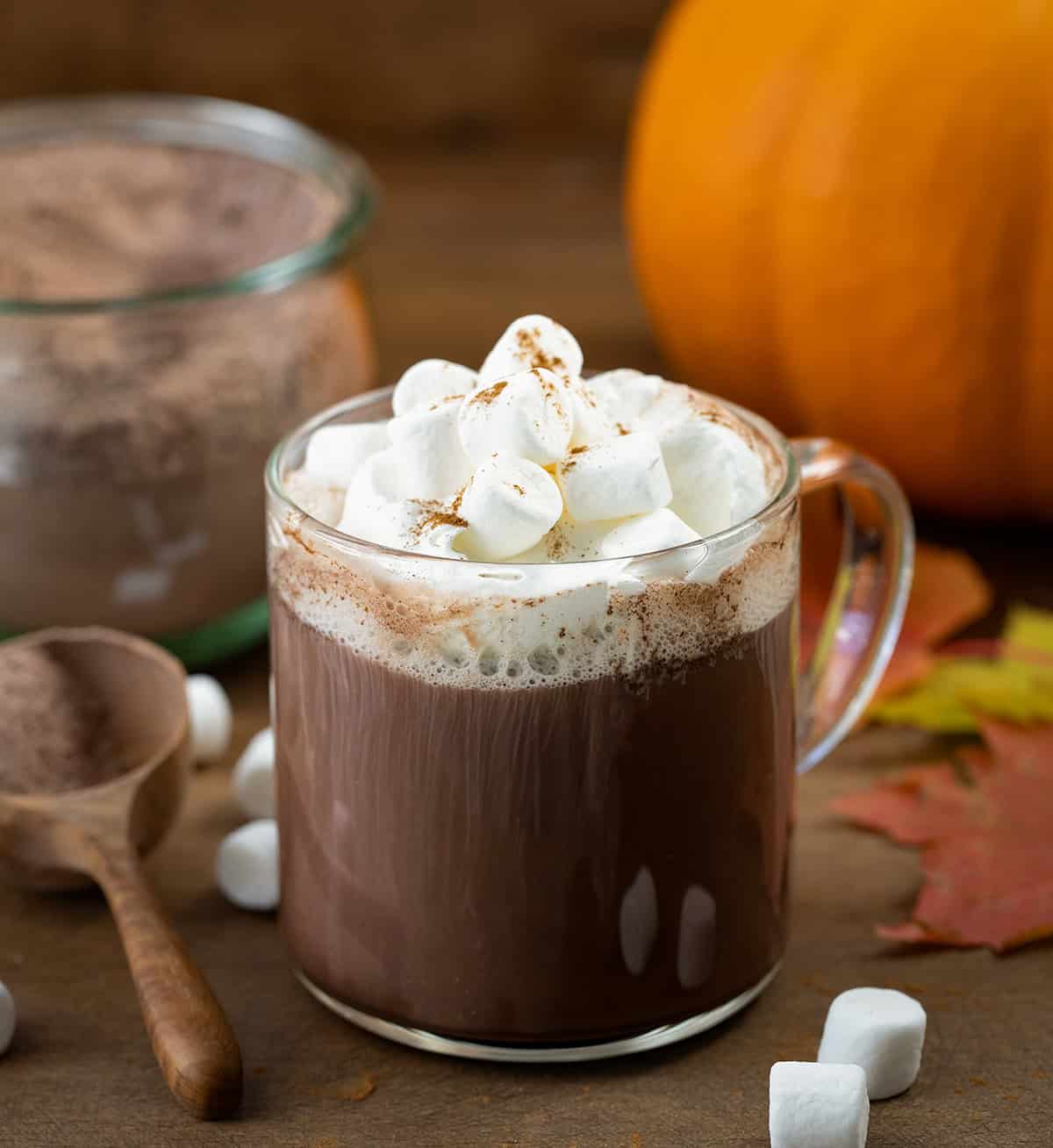 Glass mug of Pumpkin Spice Hot Cocoa Mix on a wooden table in front of the mix and a pumpkin behind.