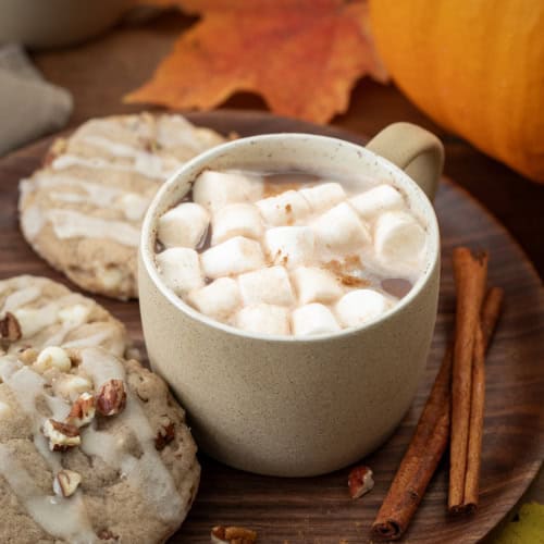 Glass of Pumpkin Spice Hot Cocoa on a wooden table with cookies.