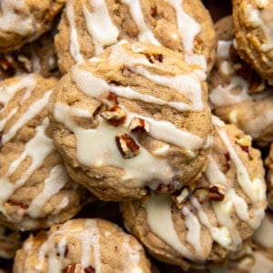 Close up of White Chocolate Maple Pecan Cookies stacked.