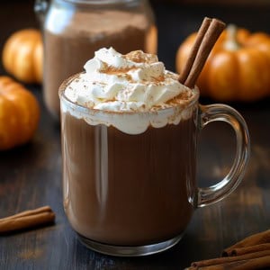 Glass of Pumpkin Spice Hot Cocoa Mix on a wooden table with mini pumpkins behind.