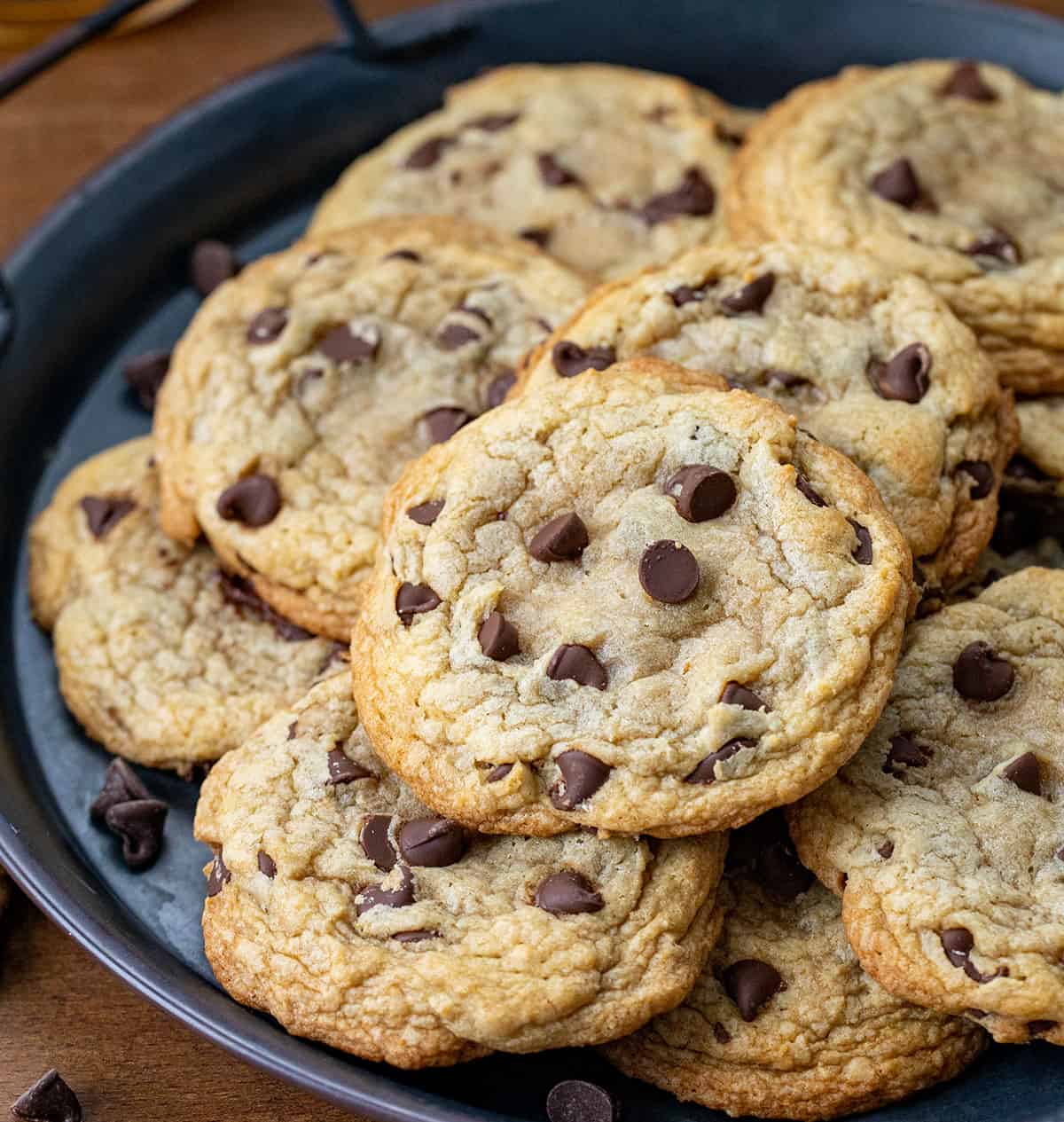 Bourbon Browned Butter Chocolate Chip Cookies on a platter.