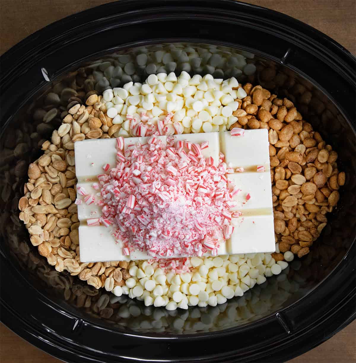 Raw ingredients for Crockpot Christmas Candy inside the crockpot before melting.