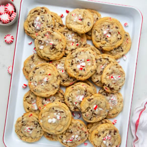 Tray of Peppermint Chocolate Chip Cookies on a white table from overhead.