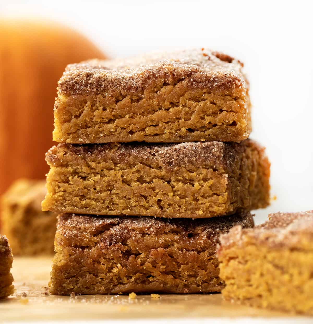 Stack of Pumpkin Snickerdoodle Brownies close up.