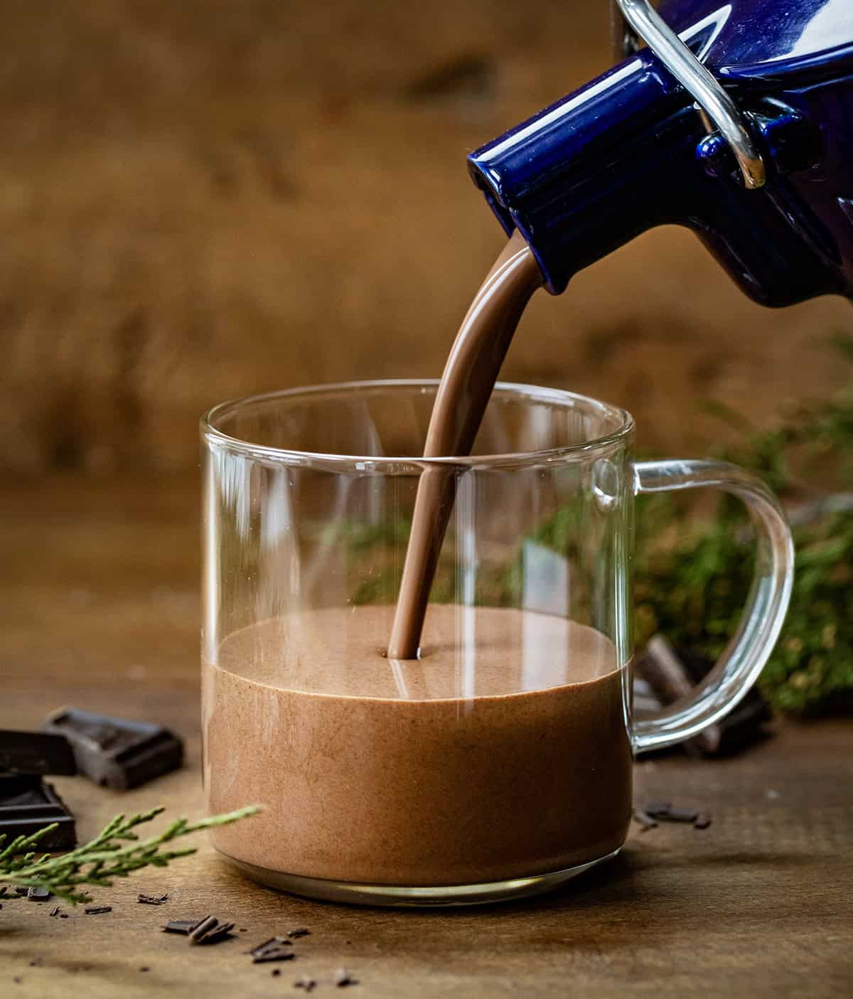 Pouring Chocolate Eggnog into a glass.