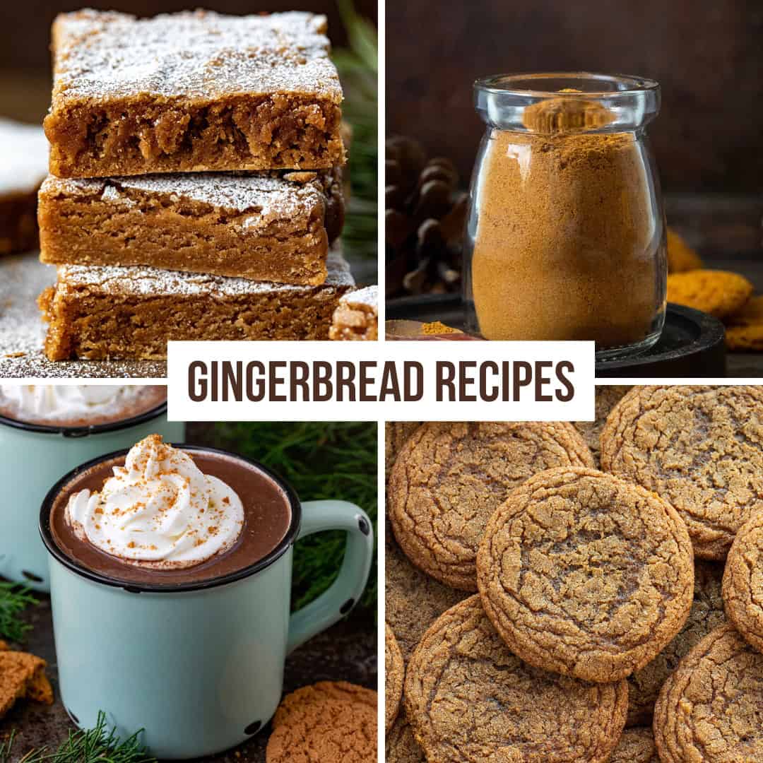 Collage of gingerbread brownies, gingerbread spice mix, gingerbread hot cocoa, and ginger cookies.