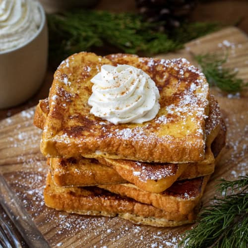 Stack of Eggnog French Toast with Eggnog Whipped Cream on top on a wooden table.