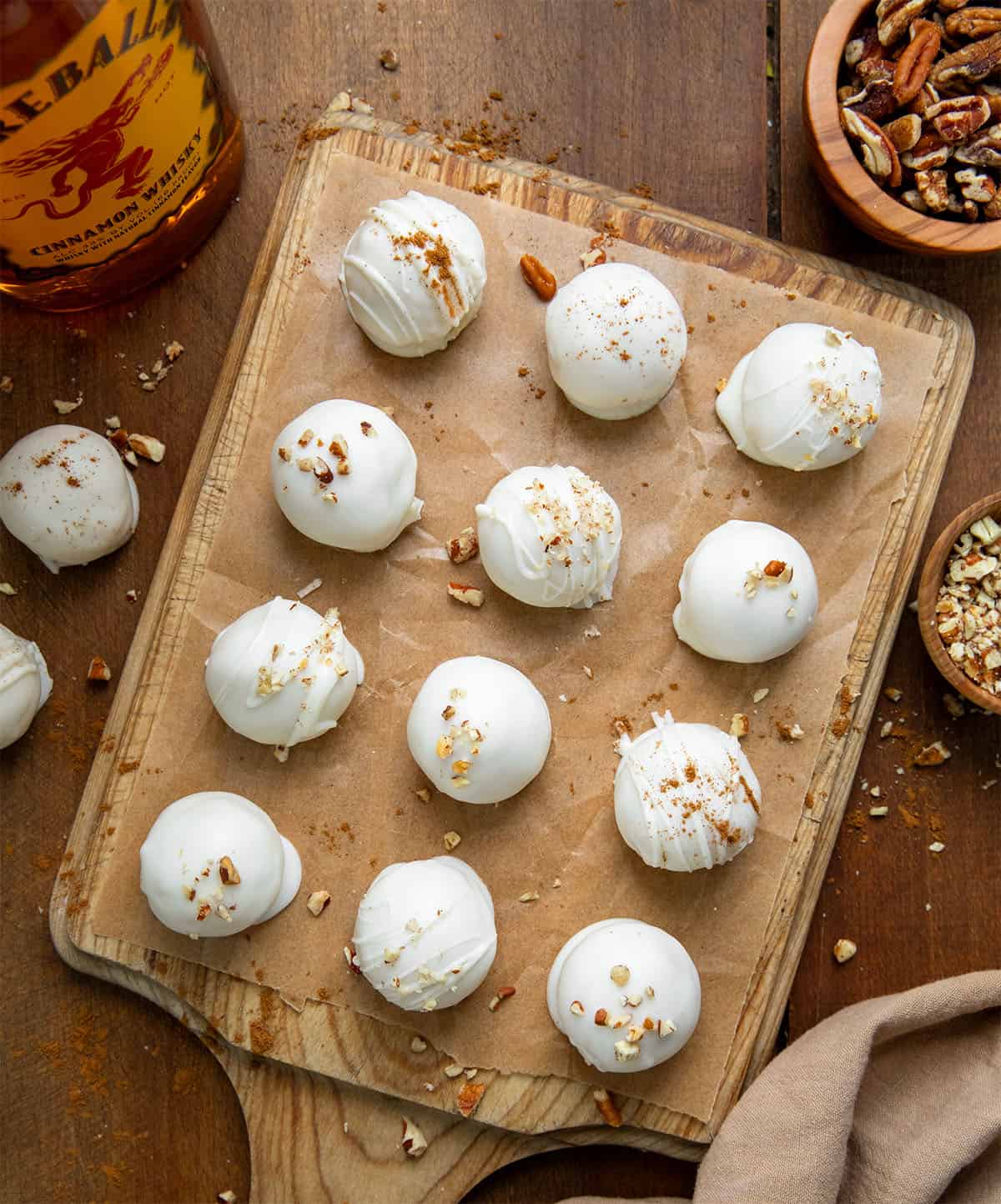 Fireball Truffles on a wooden table from overhead. 