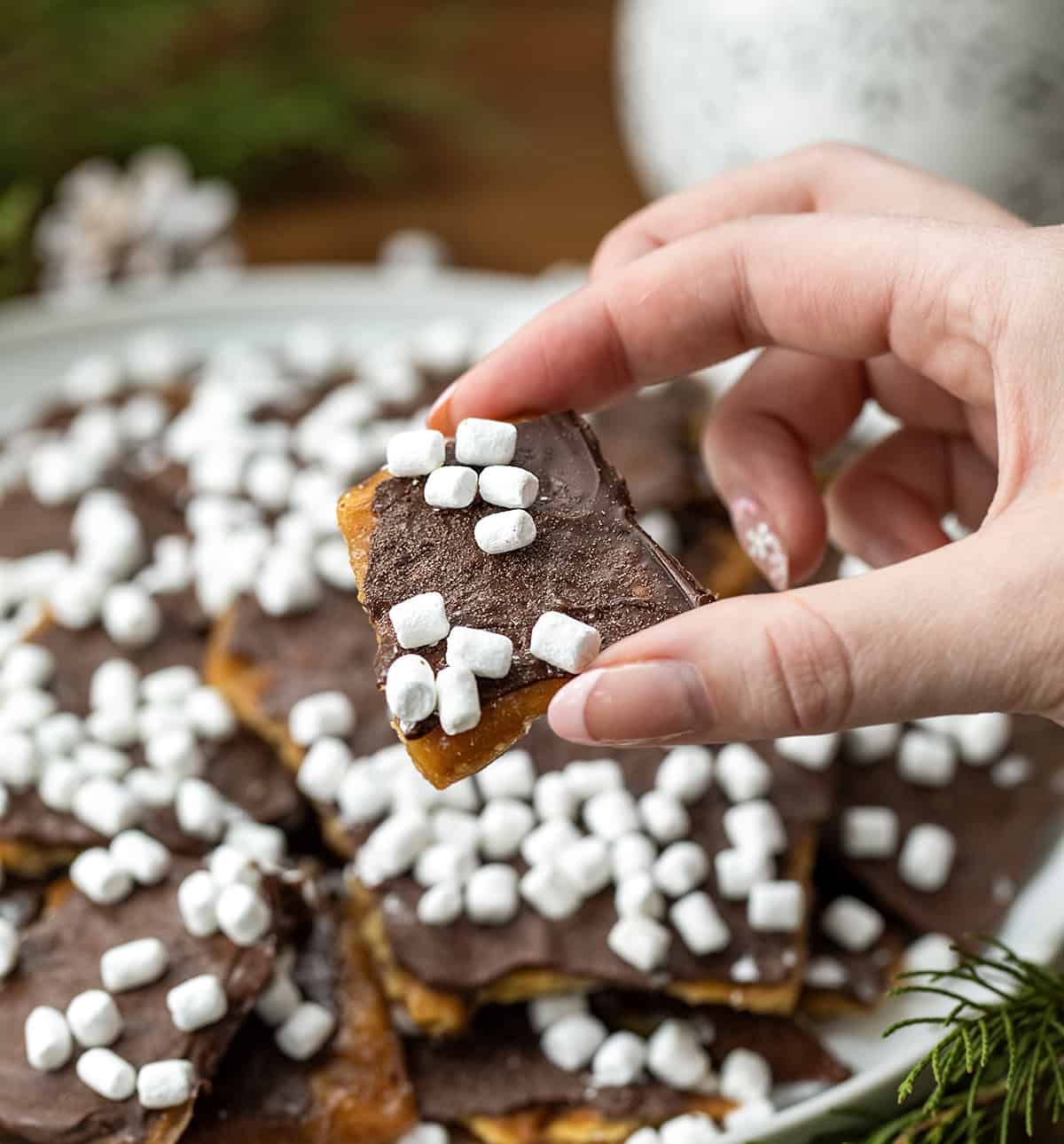 Hand holding a piece of Hot Cocoa Christmas Crack.