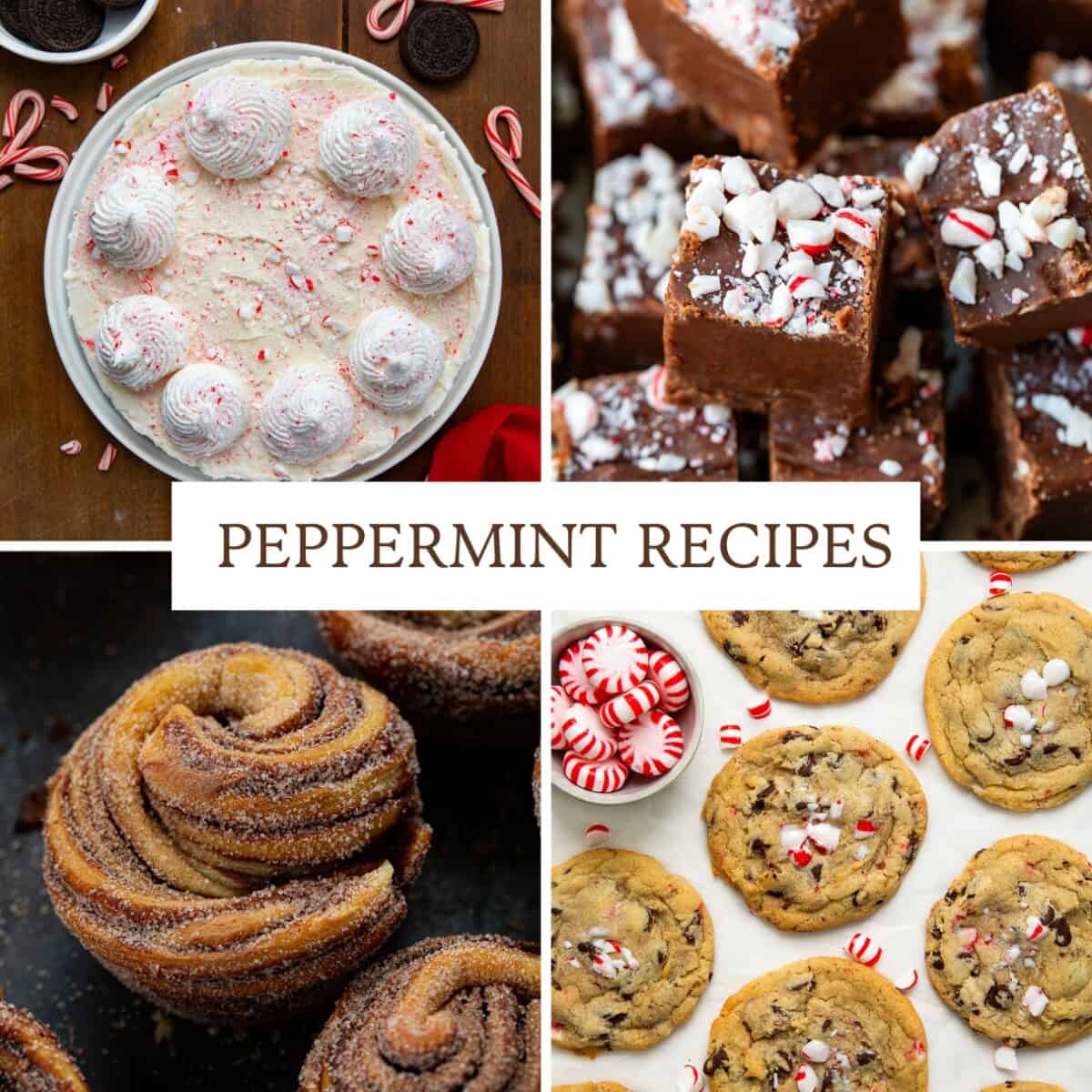 Round Up of peppermint recipes including peppermint cruffins, peppermint fudge, peppermint cheesecake, and peppermint cookies.