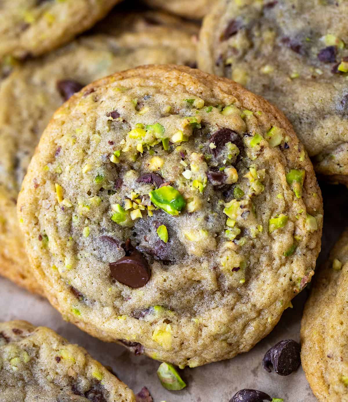 Very close up of Pistachio Chocolate Chip Cookie.